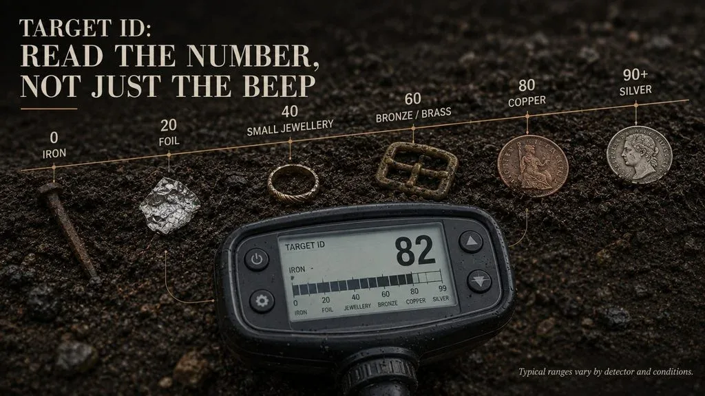 Illustration of a generic 0 to 99 target ID scale running from iron to silver, with a detector screen reading 82