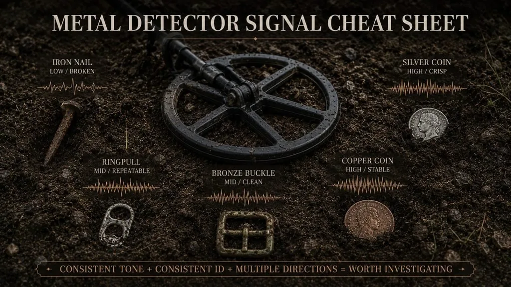 Signal cheat sheet illustration pairing an iron nail, ring pull, bronze buckle, copper coin and silver coin with their typical tones